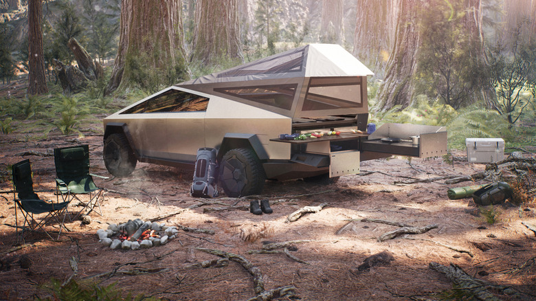 Tesla Cybertruck with a camp set up 