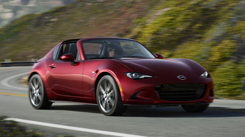 Front 3/4 view of Mazda MX-5 Miata RF on winding mountain road