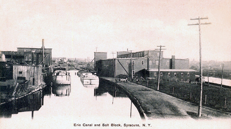 Erie Canal at the Salt Block in Syracuse, New York about 1911. Post Card from Onondaga County Public Library collection Rochester News Co., Rochester, NY.