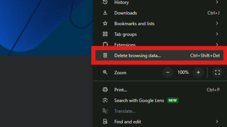 Chrome on Windows with Delete browsing data option highlighted