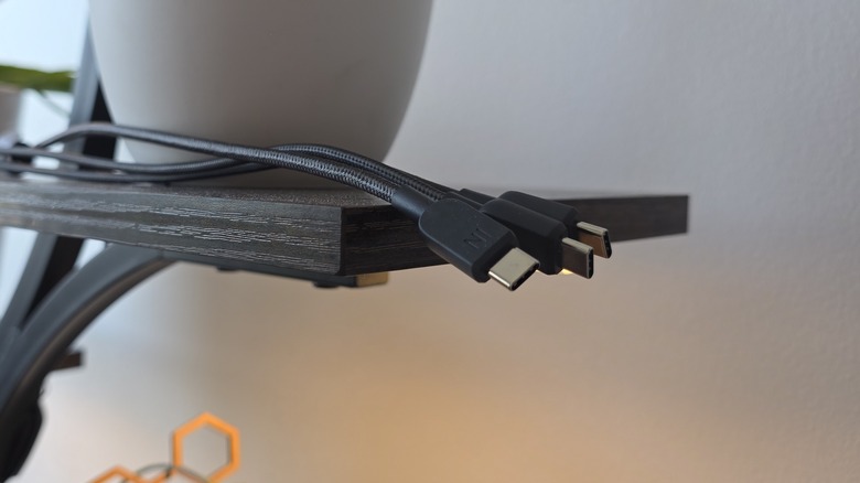 USB C cables arranged on a shelf