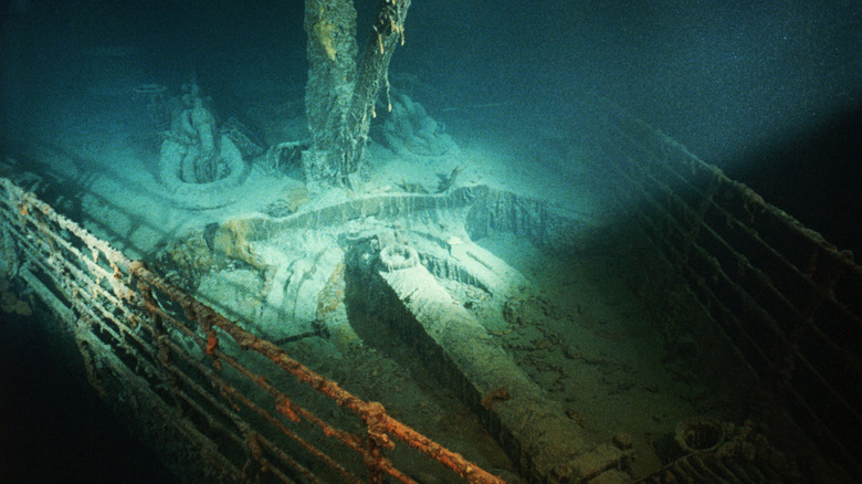 A spare anchor sits in its well on the forepeek of the shipwrecked Titanic.