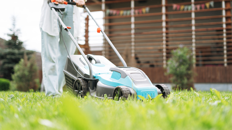A person using an electric lawn mower.