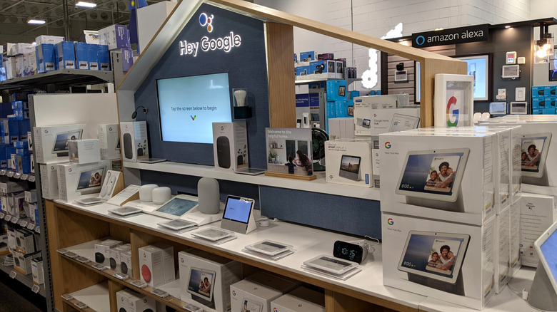 Google Nest and other Google products on display inside a store.