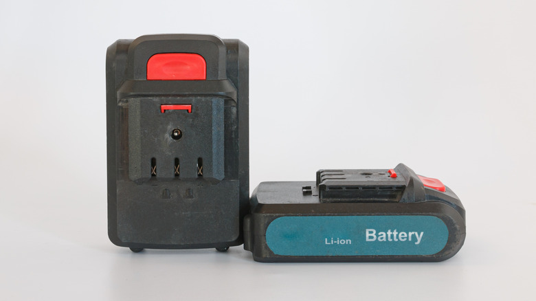 Power tool batteries against a white background.