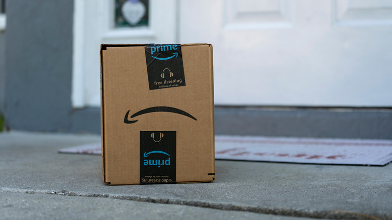 A small Amazon package in front of a door