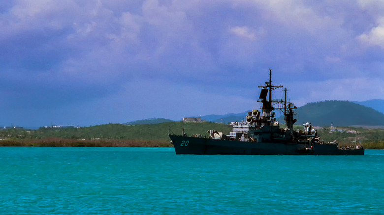 A U.S. Navy ship departing Naval Station Roosevelt Roads in Puerto Rico in 1992
