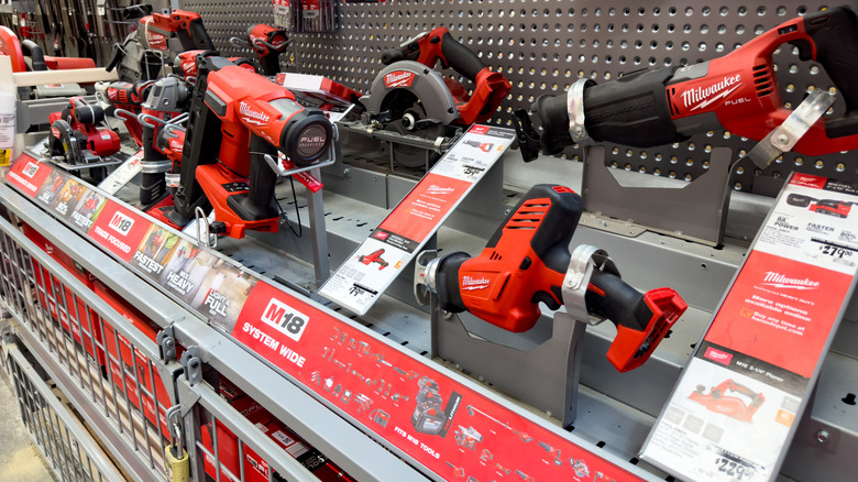 Milwaukee tool collection display at hardware store