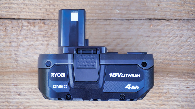 Ryobi One+ 18V lithium battery on its side