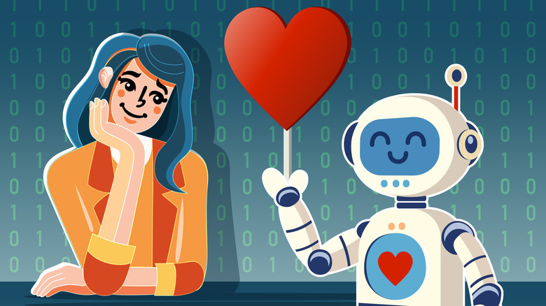A young woman lovingly interacts with an AI companion.
