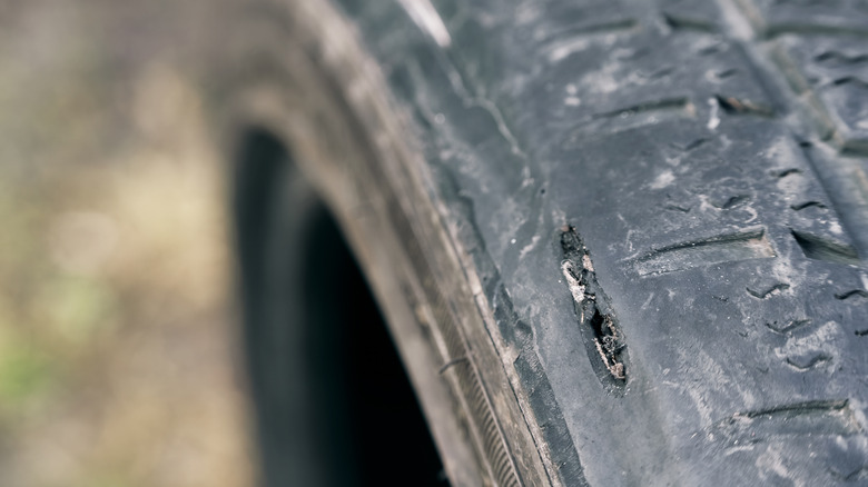 Car tire with damaged sidewall