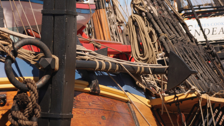 A close up of riggings of the HM Bark Endeavour, a replica of the HMS Endeavour