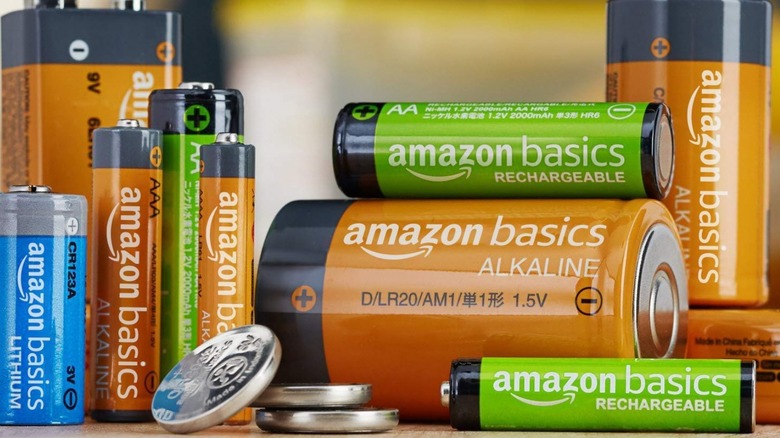 Amazon Basics batteries stacked on table