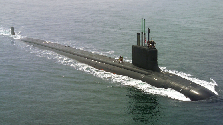 The nuclear-powered attack submarine PCU Virginia (SSN 774) returns to the General Dynamics Electric Boat shipyard.