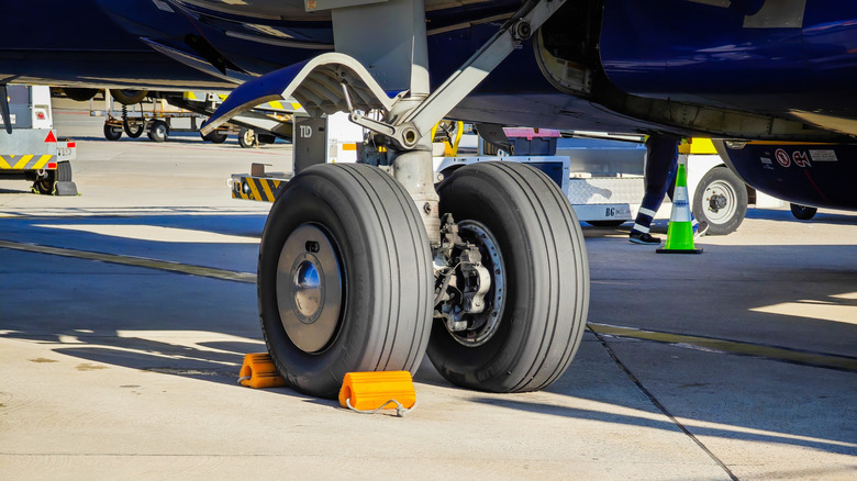 Landing gear wheels on a jet airliner