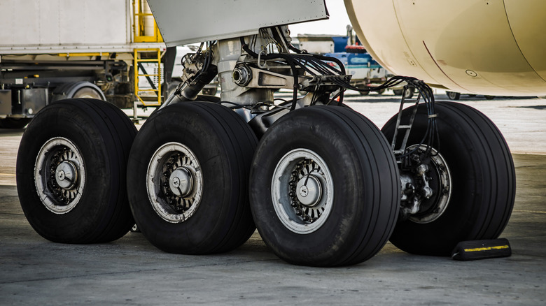 Large landing gear wheels on heavy commercial airliner