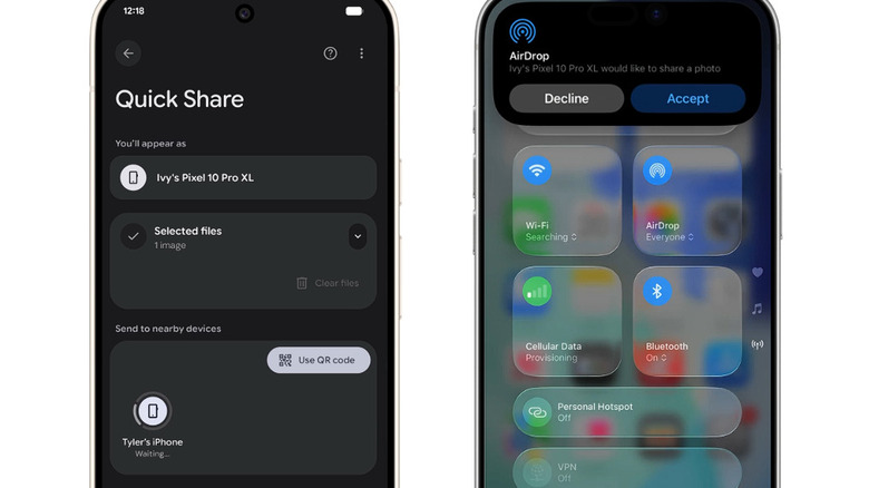 A Pixel 10 and an iPhone exchange files with Quick Share and AirDrop