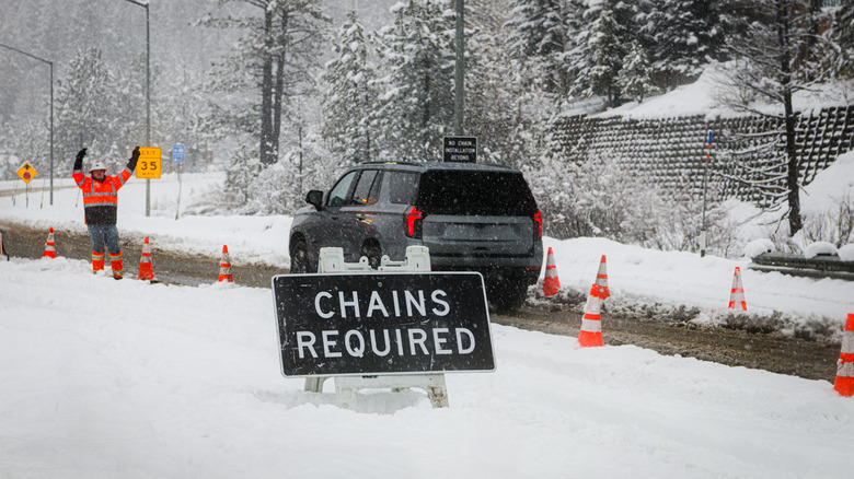 Soda Springs, CA, USA - January 4th, 2026: Chain Control Sign on Interstate 80 near Donner Pass.