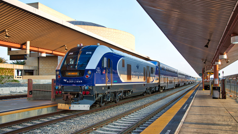 Amtrak train stopped in railway station