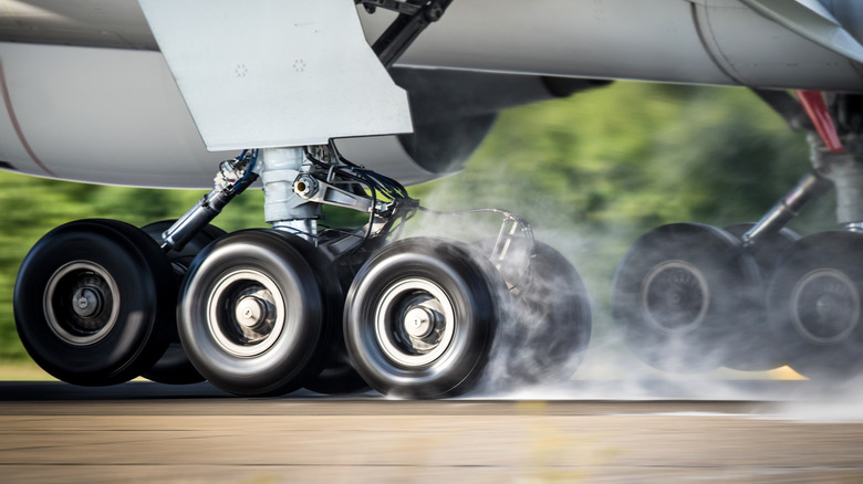 Undercarriage of a commercial jet touching down