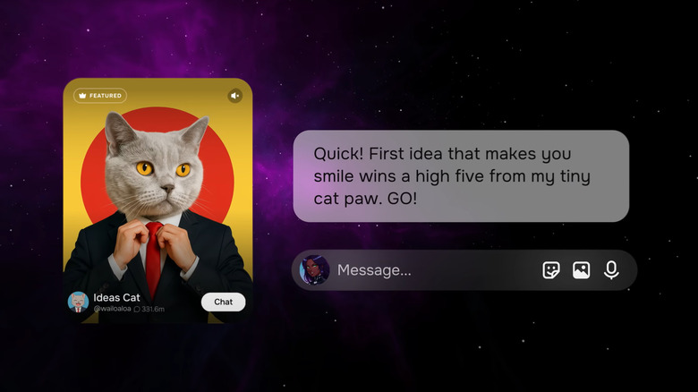A user opens up a dialogue with the featured persona 'Ideas Cat'.