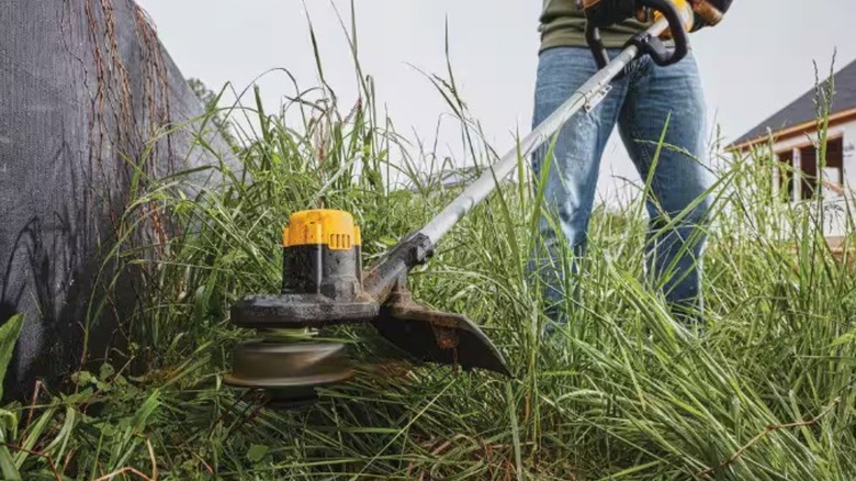 DeWalt String Trimmer Cutting Grass Around An Obstacle