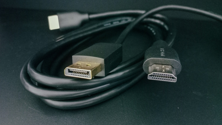 Close up of HDMI cables on black background