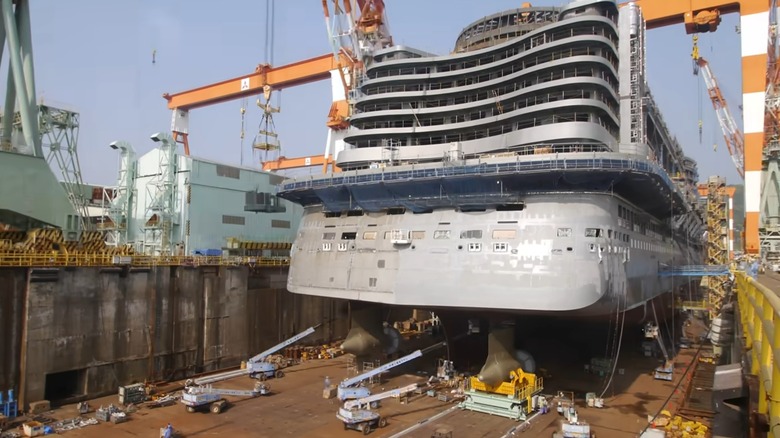 A cruise ship under construction.