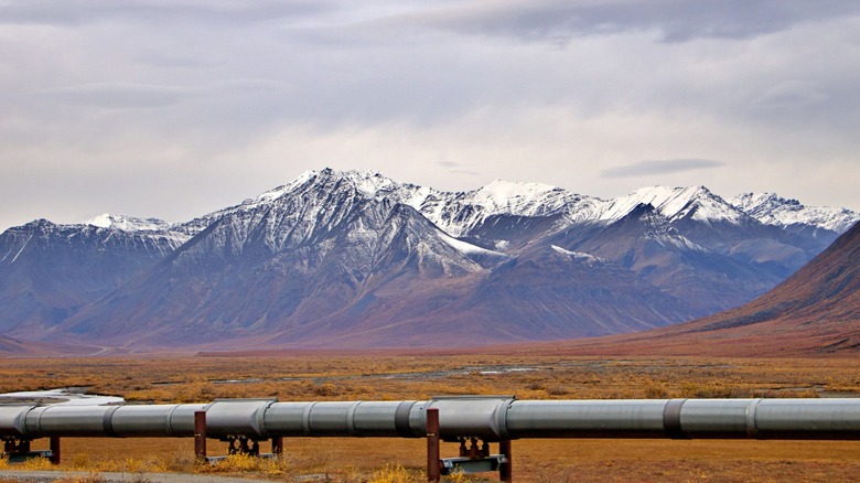 Trans-Alaska pipeline with mountain range behind it