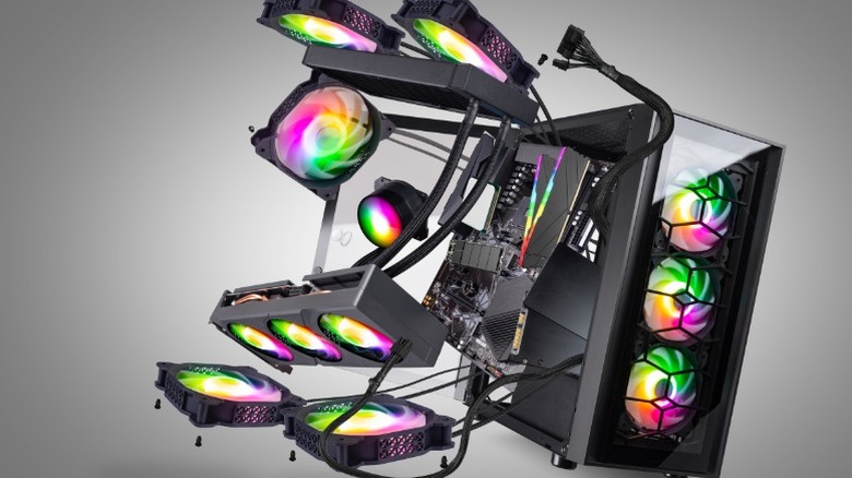 Illustration of a gaming PC with flying components