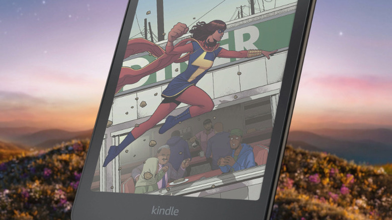 A colorful page from a graphic novel displayed on a Kindle Colorsoft