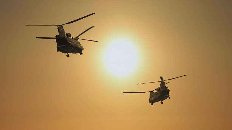 Two Chinook helecopers returning during sunset