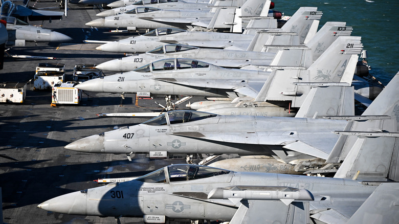 F-18 jet fighters are seen on the flight deck of USS Gerald R. Ford