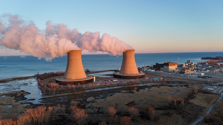 Aerial photo of Enrico Fermi Nuclear Generating Station with Lake Erie in the background