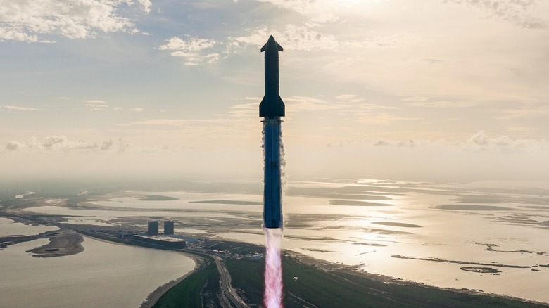 A Space X rocket lifting off over wetlands.