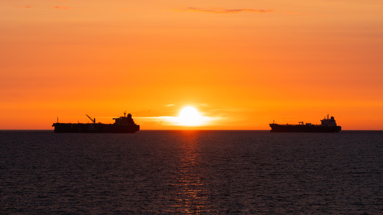 Silhouettes of two cargo ships at sea