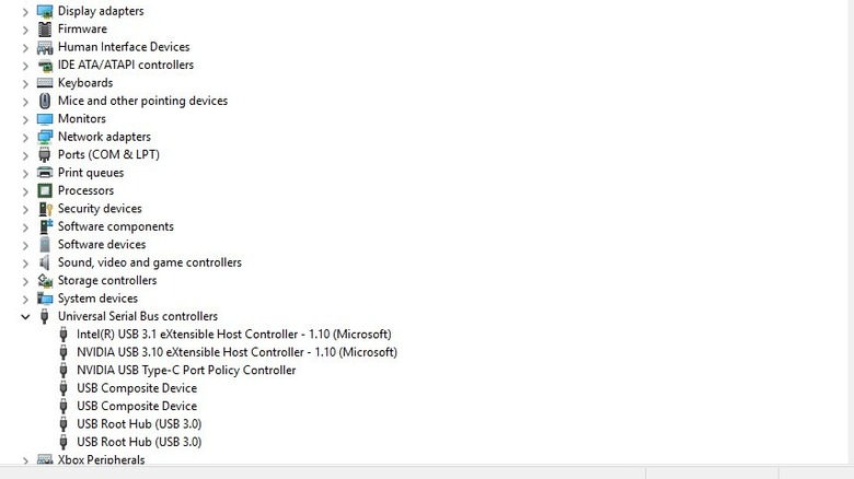 USB controllers list expanded in Windows Device Manager