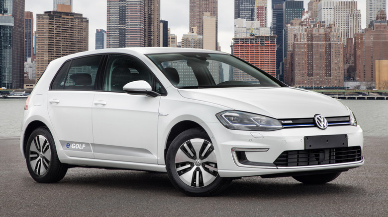 2017 Volkswagen E-Golf parked in front of New York skyline