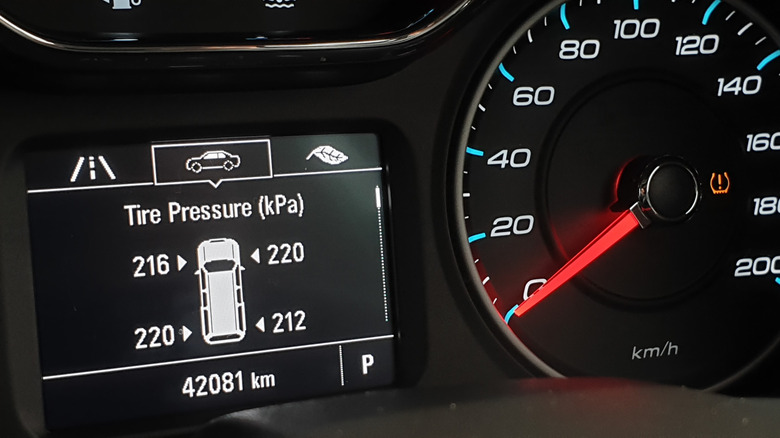Car dashboard showing tire pressure on each tire