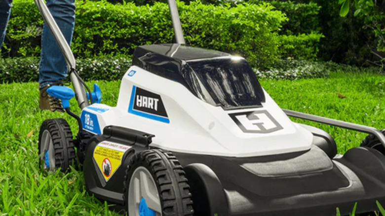 Picture of HART electric lawn mower cutting grass