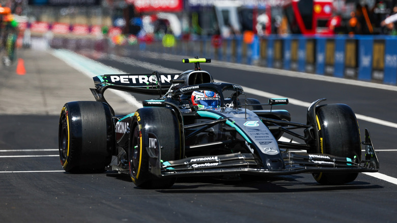 Mercedes F1 car exiting pit lane