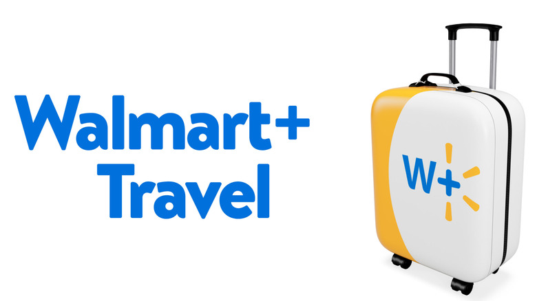 An advertisement for Walmart+ travel benefits featuring a Walmart+ branded suitcase
