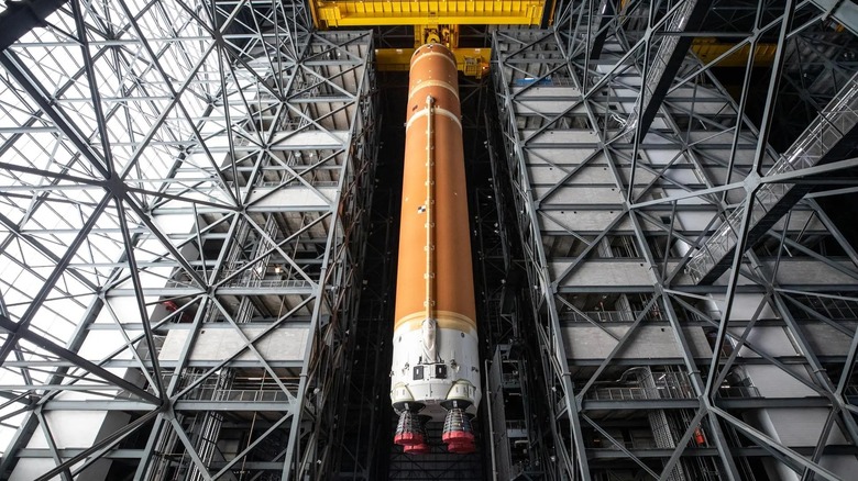 Artemis II core stage in situ at NASA's Vehicle Assembly Building