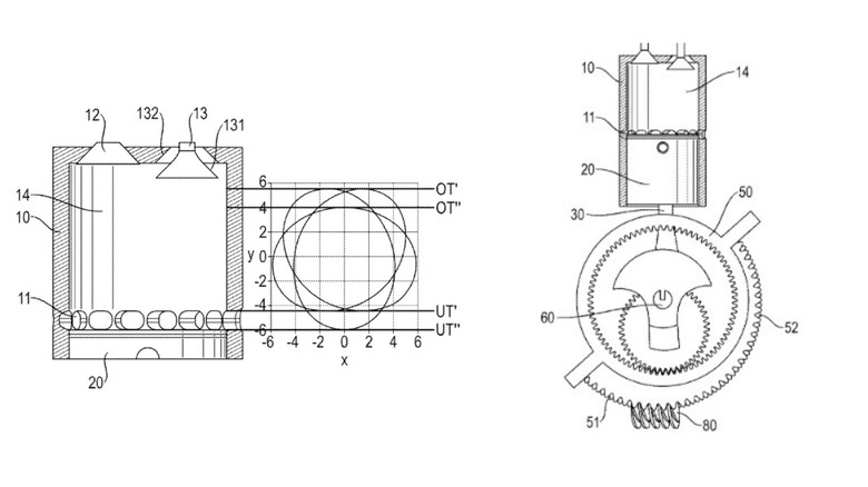 Line drawing from the Porsche patent showing six stroke's top and bottom dead center piston movements andthe crankshaft mechanism