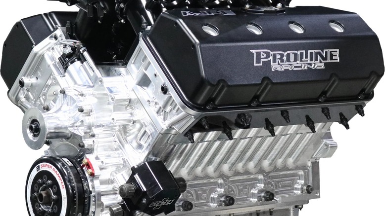 Proline Racing Hemi engine close-up, front-left view