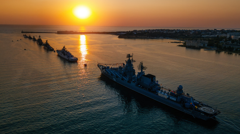 Russian fleet parade in Sevastopol bay at Navy day, aerial view.