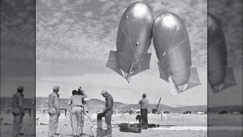 Archival photo of balloons being prepared for nuclear testing