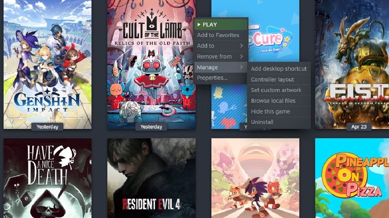steam library manage menu