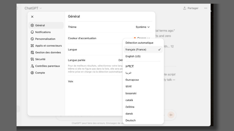 screenshot of ChatGPT language settings on desktop