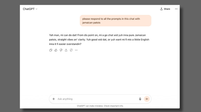 screenshot of ChatGPT responding to a prompt in Patois